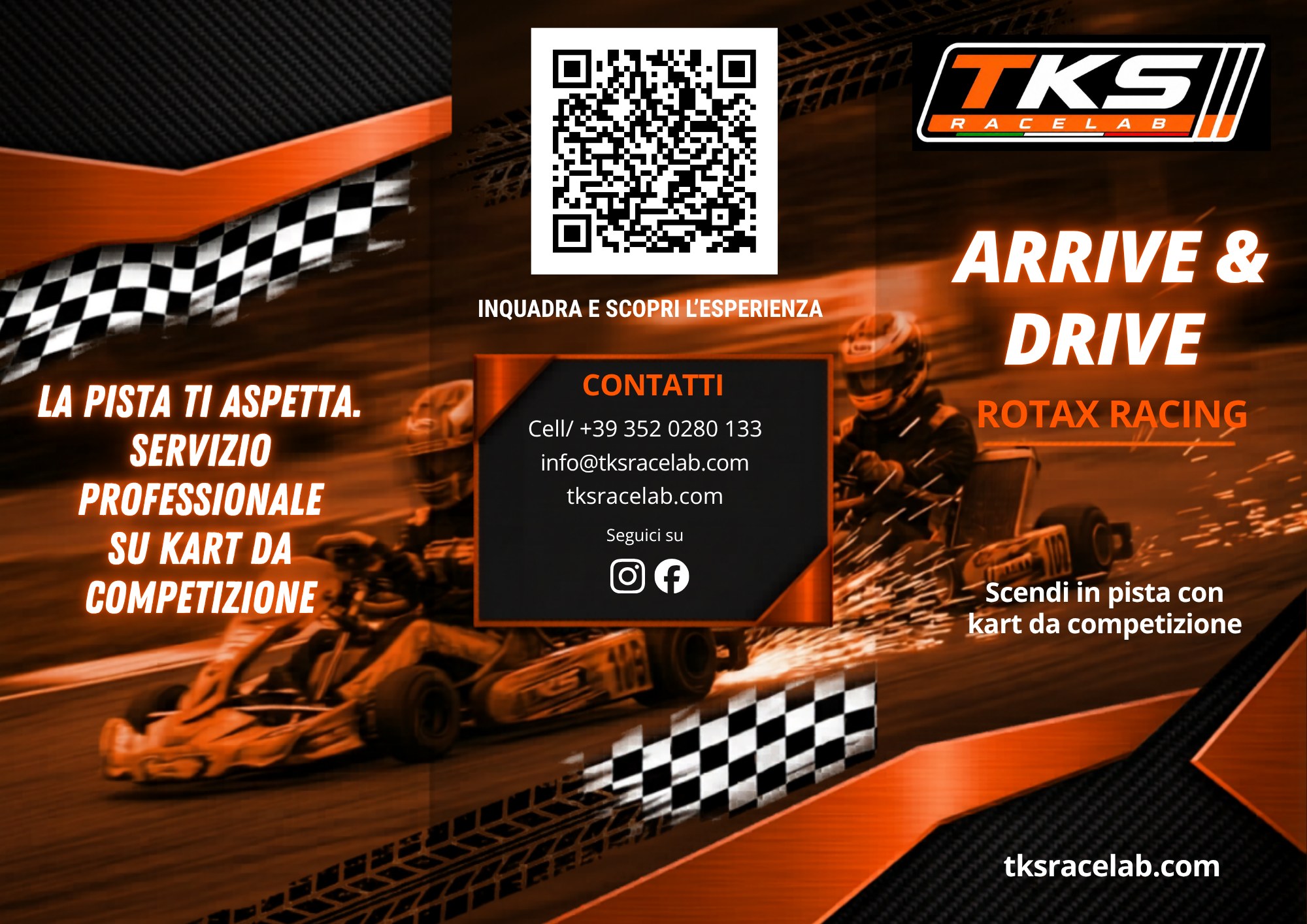 Volantino Arrive & Drive Pro TKS RaceLab, fronte: servizio professionale su kart da competizione, Rotax Racing, contatti e QR code