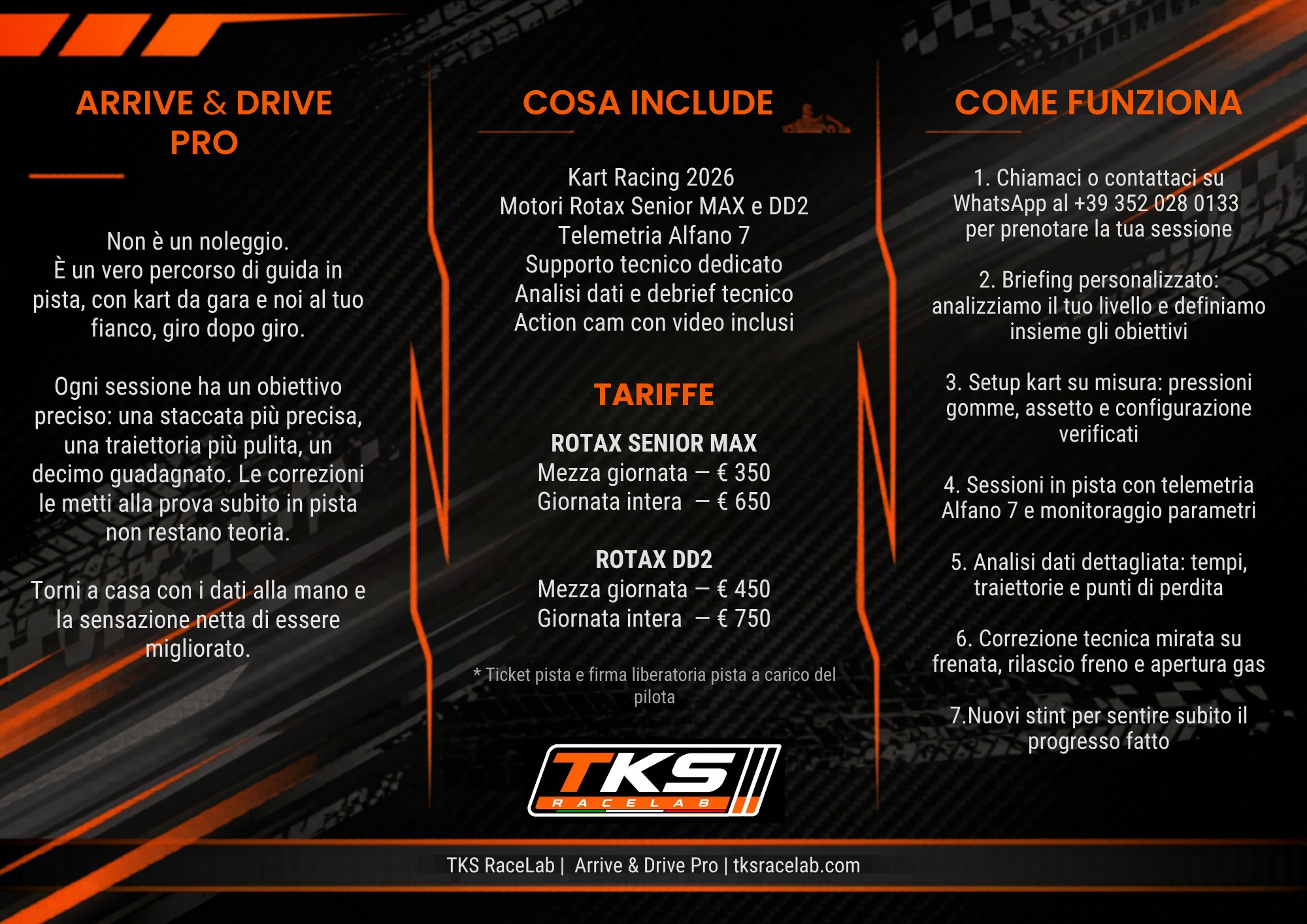 Volantino Arrive & Drive Pro TKS RaceLab, retro: servizio, tariffe Rotax Senior MAX 350/650 euro e DD2 450/750 euro, come funziona